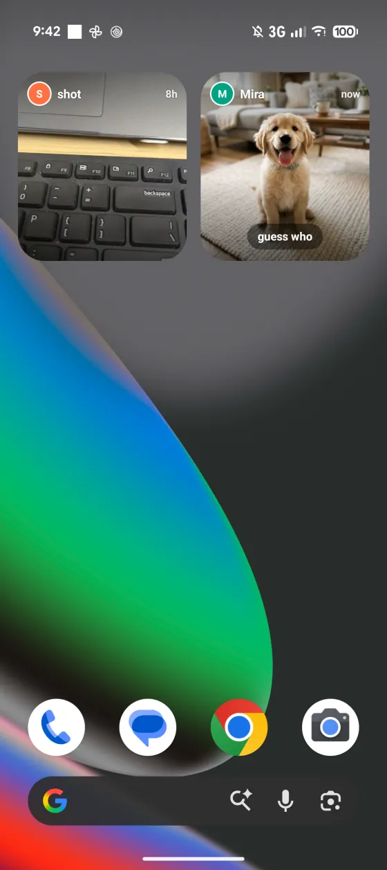 DuoFrame widget on an Android home screen showing a friend's latest photo
