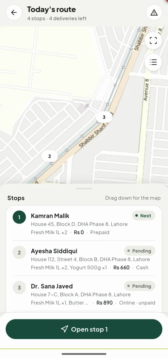 Today's route: stops on a map with what each customer ordered
