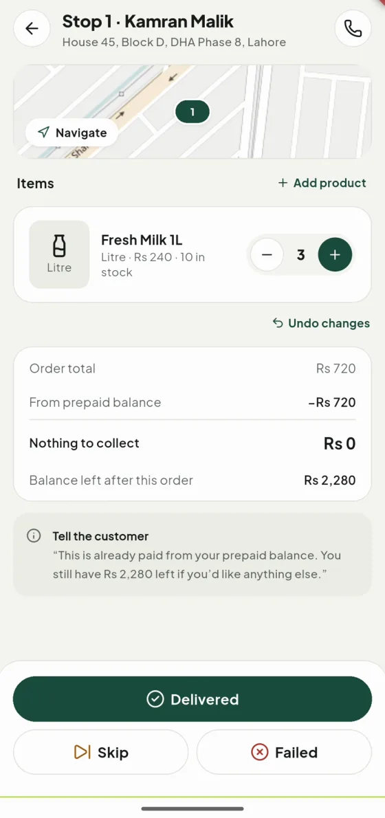 A stop with the prepaid balance applied, so nothing is left to collect